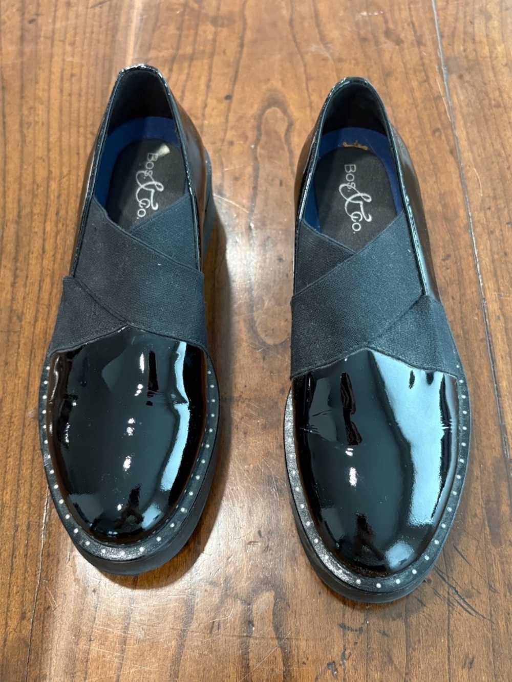 Bos & Co Black Patent Leather Criss Cross Elastic Strap Slip On Loafers 38 (7.5)